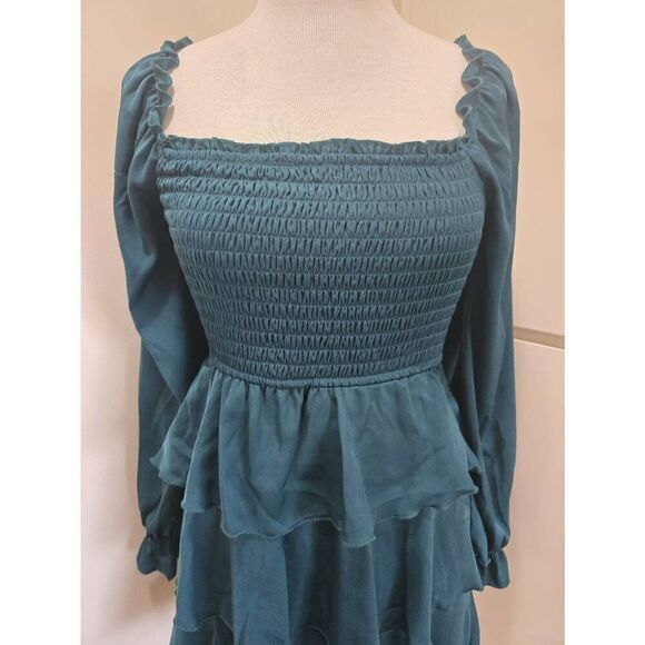 Charmed Hearts Dark Forest Green 3 Tiered Ruffle Mini Dress, Long Sleeves, Smock - Picture 5 of 11